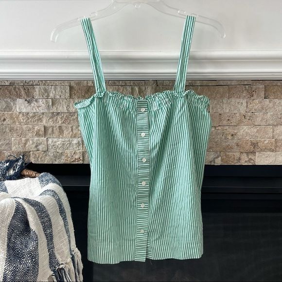 J Crew Button Front Ruffle Top Striped Green White - Picture 2 of 4